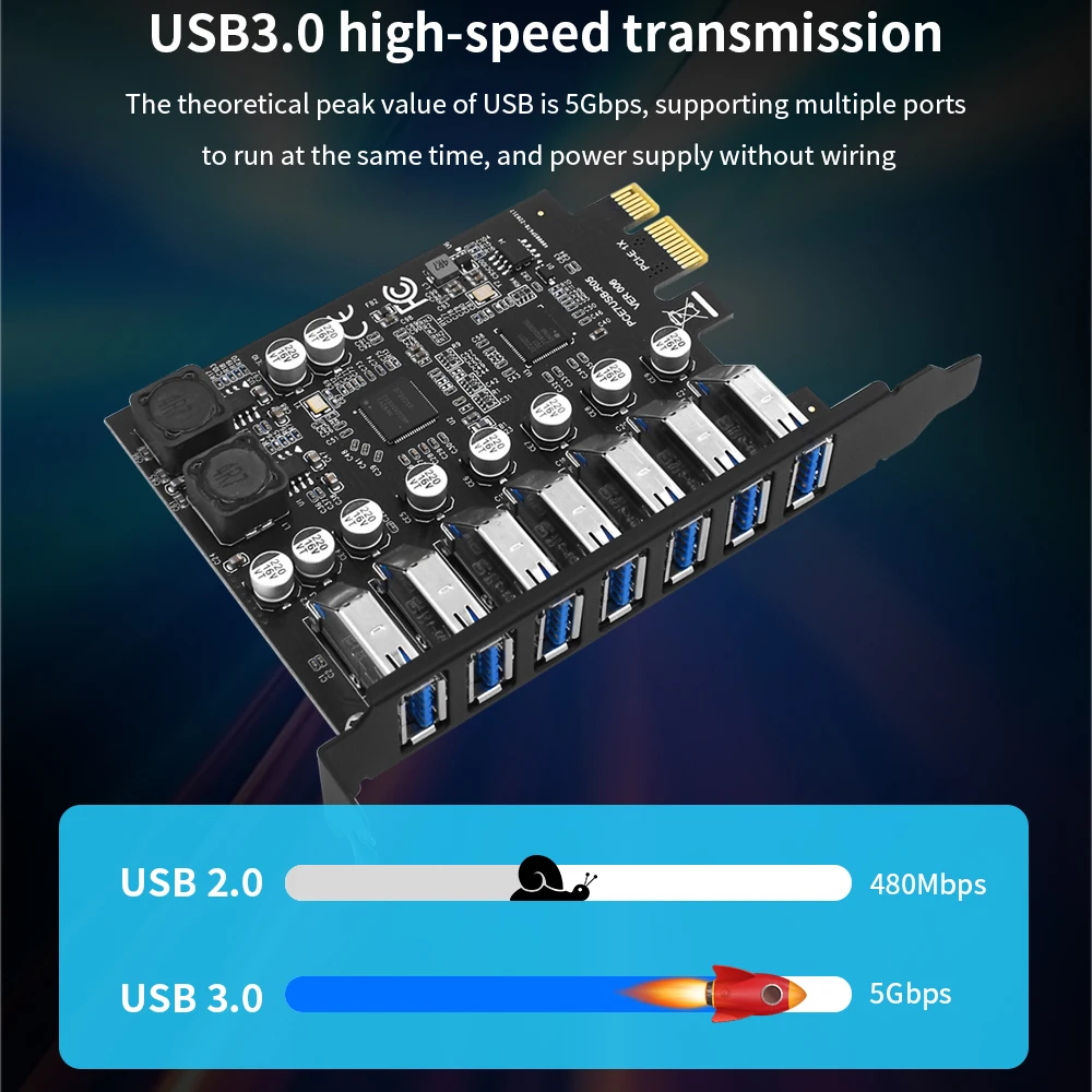 TISHRIC 데스크탑용 USB 3.2 Gen1 PCI 익스프레스 멀티플라이어, PCI E-7 포트, USB 3 허브 확장 어댑터 카드, PCI-E 1X 컨트롤러