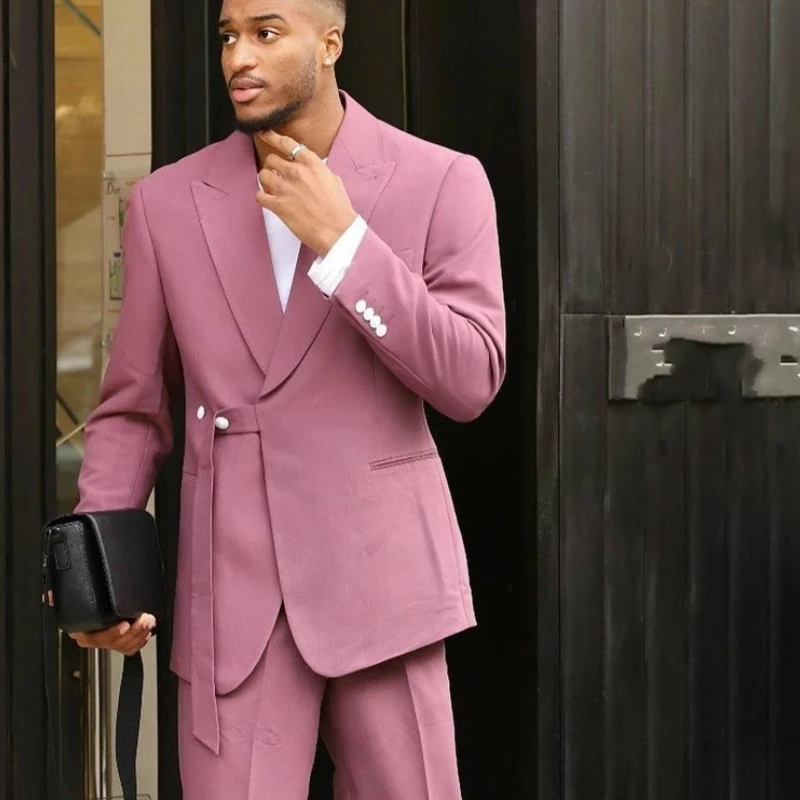 

African Men's Suits With Belt Double Breasted Slim Fit 2 Piece Jacket Pants Wedding Groomsmen Blazer Groom Tuxedo 2023