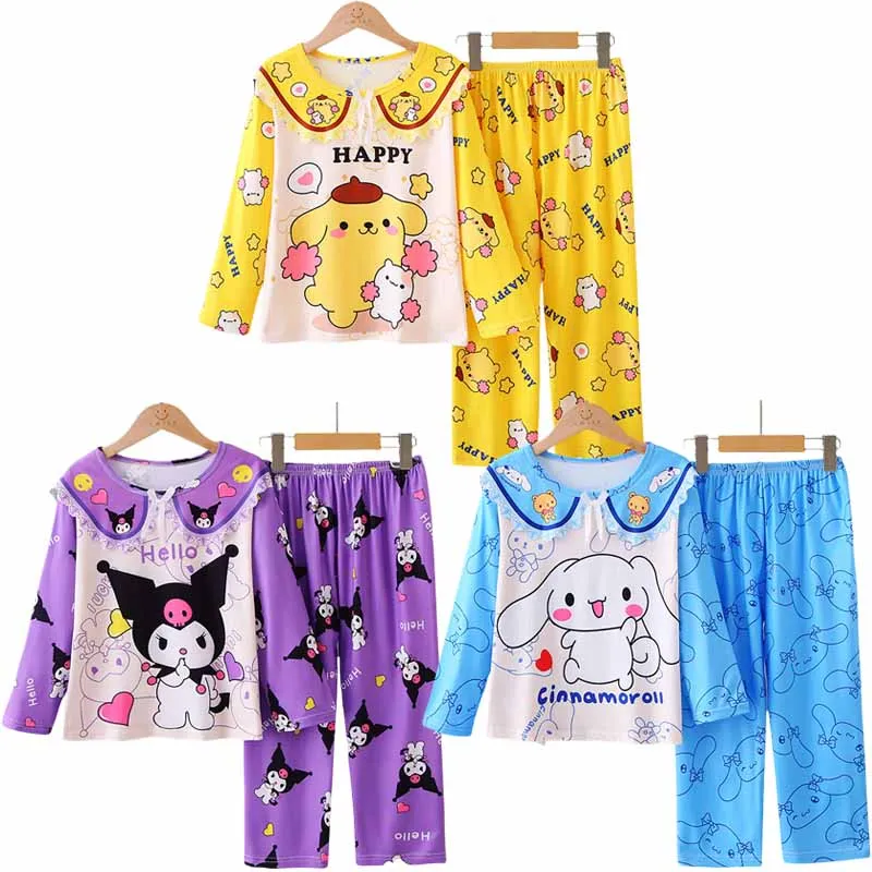 

Детские пижамы Sanrios с героями мультфильмов, домашняя одежда, милые и милые пижамы HelloKittys Kuromi, штаны с длинным рукавом для девочек, одежда для сна