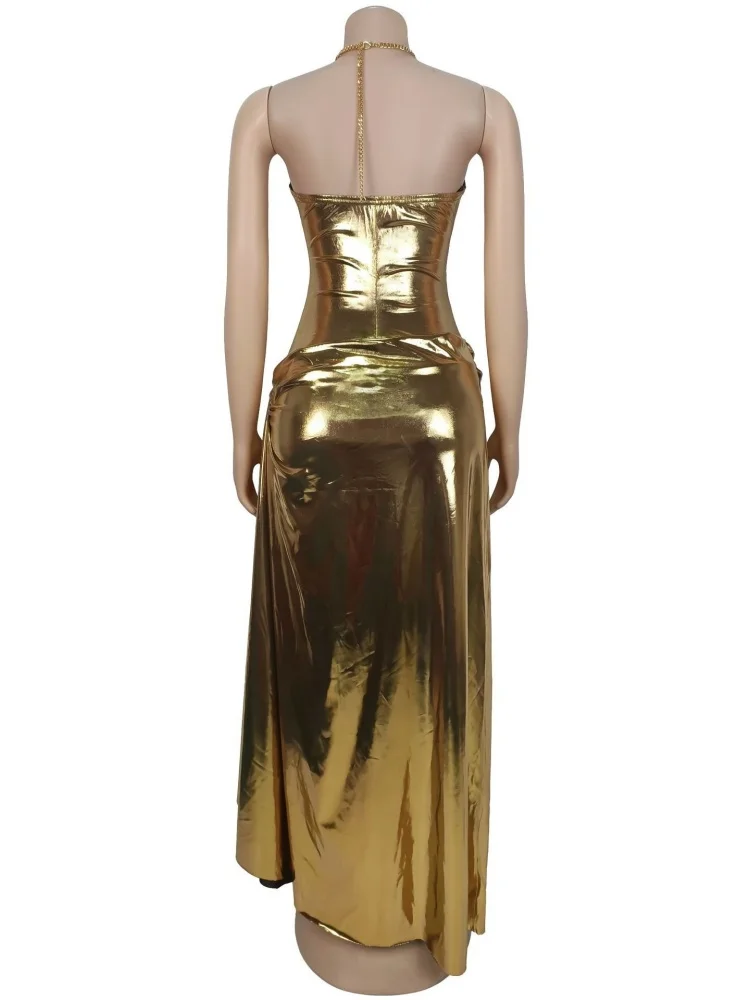 Wmstar Dress Women Wholesale European American Fashionable Clothing Sexy Halter Neck Gold Chain Pleated Arm Hugging Dresses