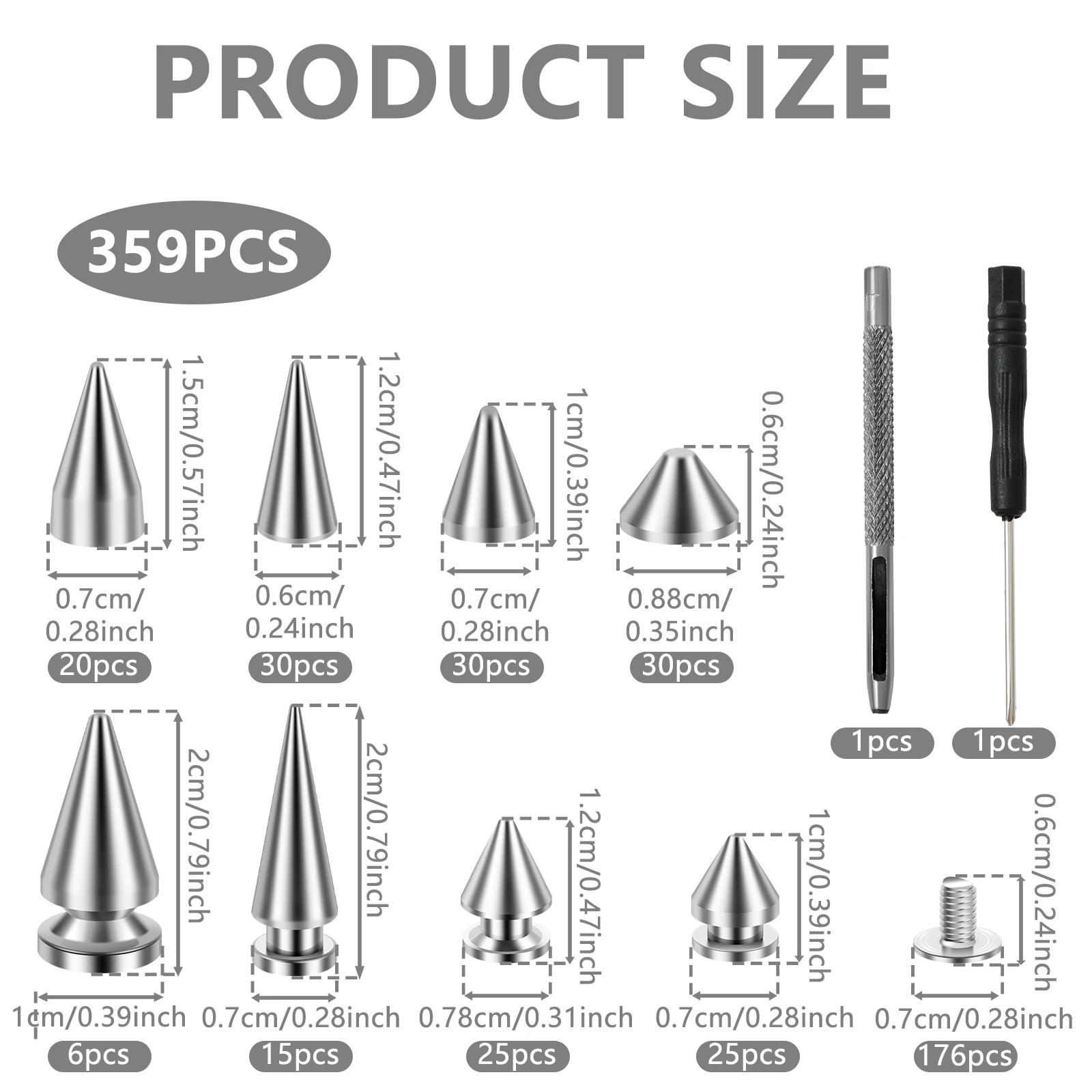 359Pcs Punk Rivet Clothing Studs Cone Spikes Kit Tree Spike Assortment Kit DIY Punk style Clothes Jacket Shoes Bag Collar metal rivets metal studs