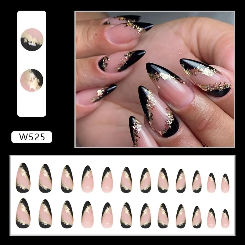 24pcs Detachable Press on Nails Diy French Long Almond False Nails Foil Wavy Leaf