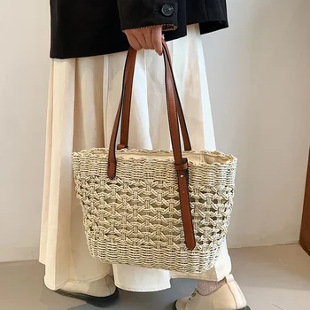 Neue Trendy Stroh Weben Tasche für Frauen Sommer Weibliche Handtaschen Schulter Tasche Einfache Shopping Totes Casual Urlaub Strand Tasche — изображение 5