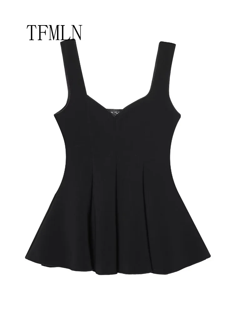 TFMLN 2025 Summer Women Solid Skirt Hem Tops Fashion Square Collar Sleeveless Slim Camisole Top High Street Ladies Causal Shirt