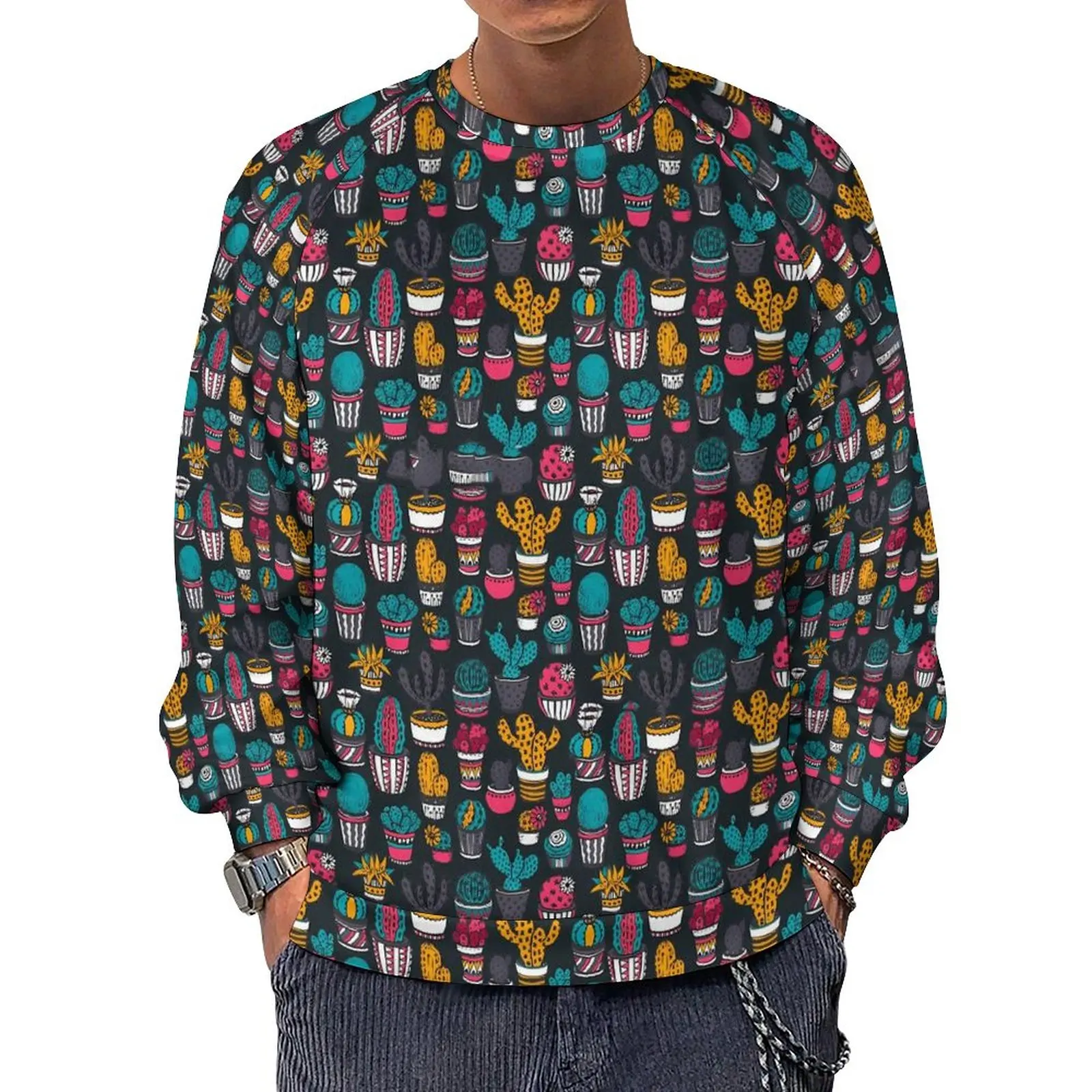 

Hand Drawn Cactus Streetwear Sweatshirts Winter Plants Print Trendy Hoodies Man Oversized Loose Printed O Neck Hoodie