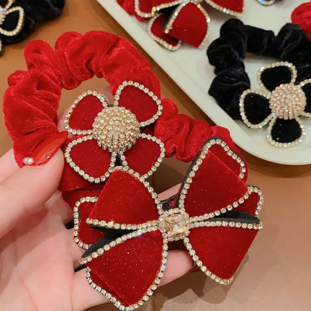KoreanStyleVelvetBowHairRopeHighElasticPonytailHolderCrystal