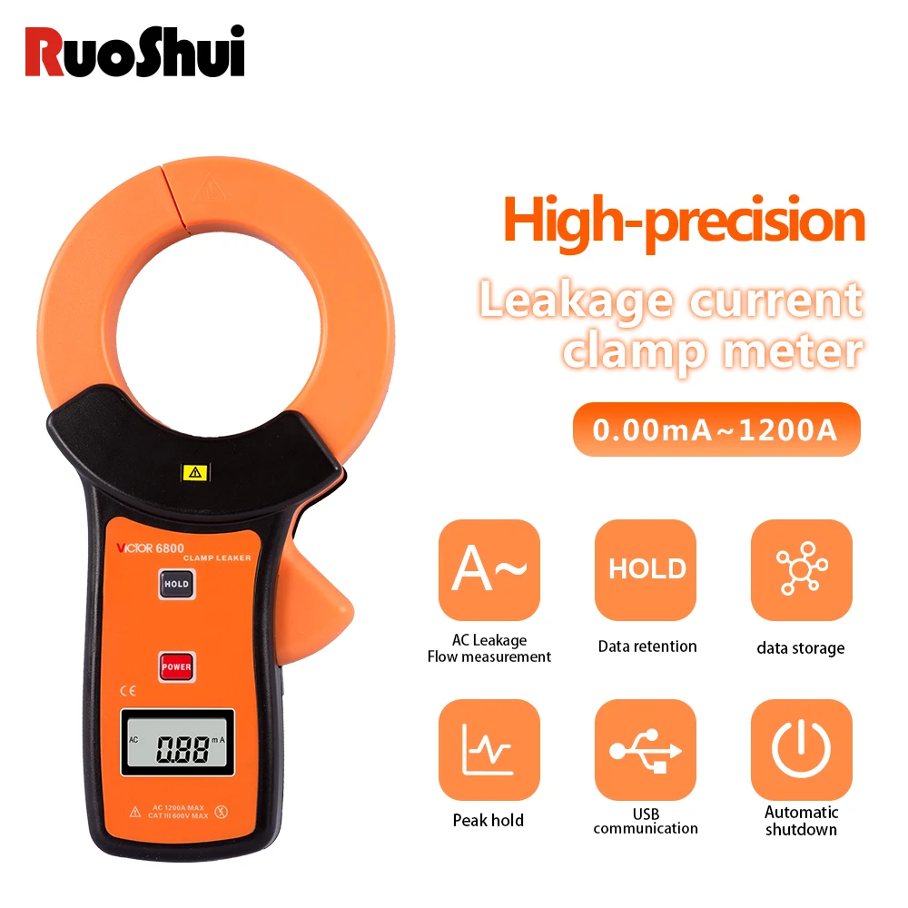 

RuoShui 6800 Digital Leakage Current Tester 600V Data Storage Ammeter Auto Range Peak Hold High Sensitivity 0.01mA Clamp Meter