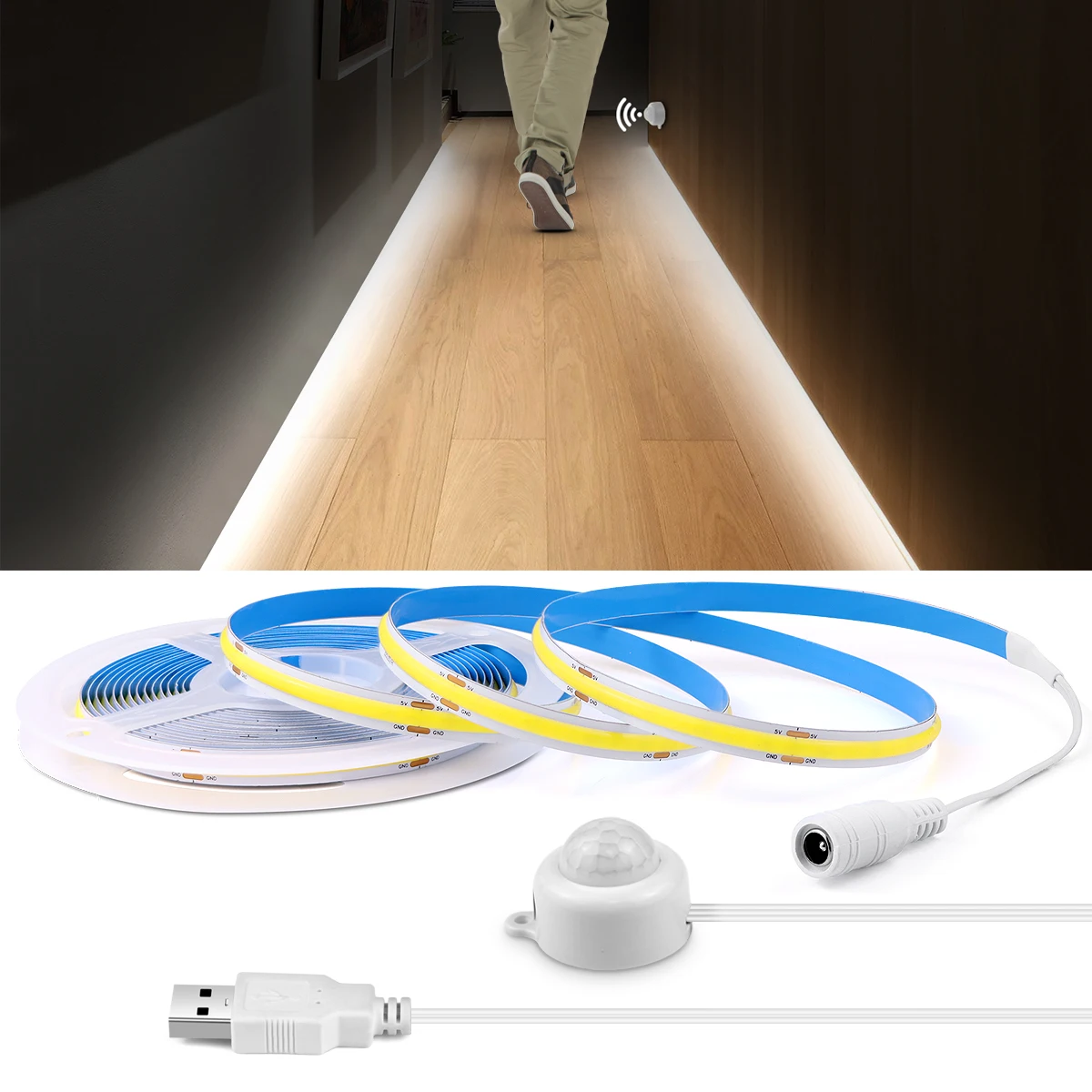 USB COB LED Strip Light PIR Motion Sensor 5V 320LEDs/M Flexible LED Tape Ribbon for Stair Closet Kitchen Night Light 1M 2M 3M 5M