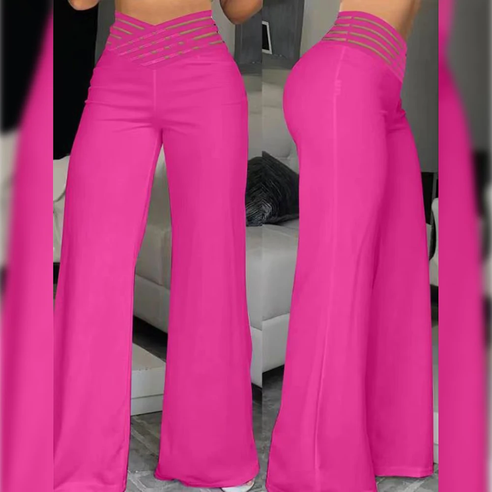 New Ladies Flared Pants Wide Leg Pants For Women Casual Sexy Crisscross Sheer Mesh Patch High Waist Y2K Trousers