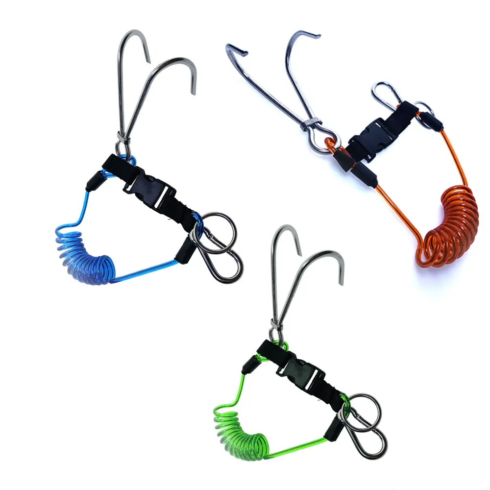 316SS Reef Drift Hook Spring Anti-Lost Rope Double End Diving Hook with Spiral Coil Lanyard Scuba Current Reef Hook