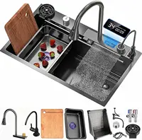 Black Nano Kitchen Sink Waterfall Sink with Pull Down Sprayhead Faucet Single Bowl Drop In Kitchen Sink 1