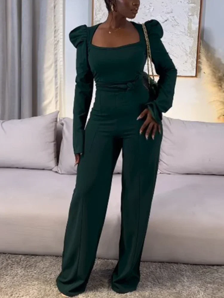 

Elegant Green Vintage Women Long Wide Leg Jumpsuit Square Collar Long Sleeve Puff Shoulder Evening Party Event One Piece Romper