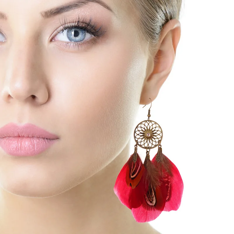Bohemian Retro Hollow Sunflower Long Feather Dangle Earrings For Women Summer Beach Tassel Drop Earrings Wedding Bride Jewelry