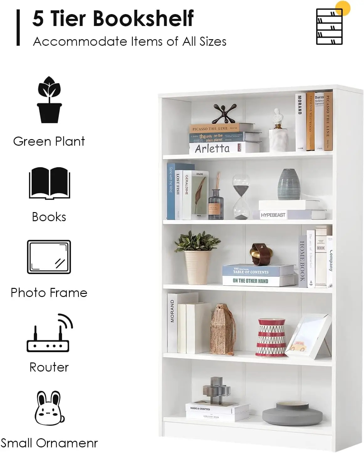 White Bookshelf for Bedroom 5 Shelf Office Bookcase 60 Inches Tall Modern Wood Bookshelf 4
