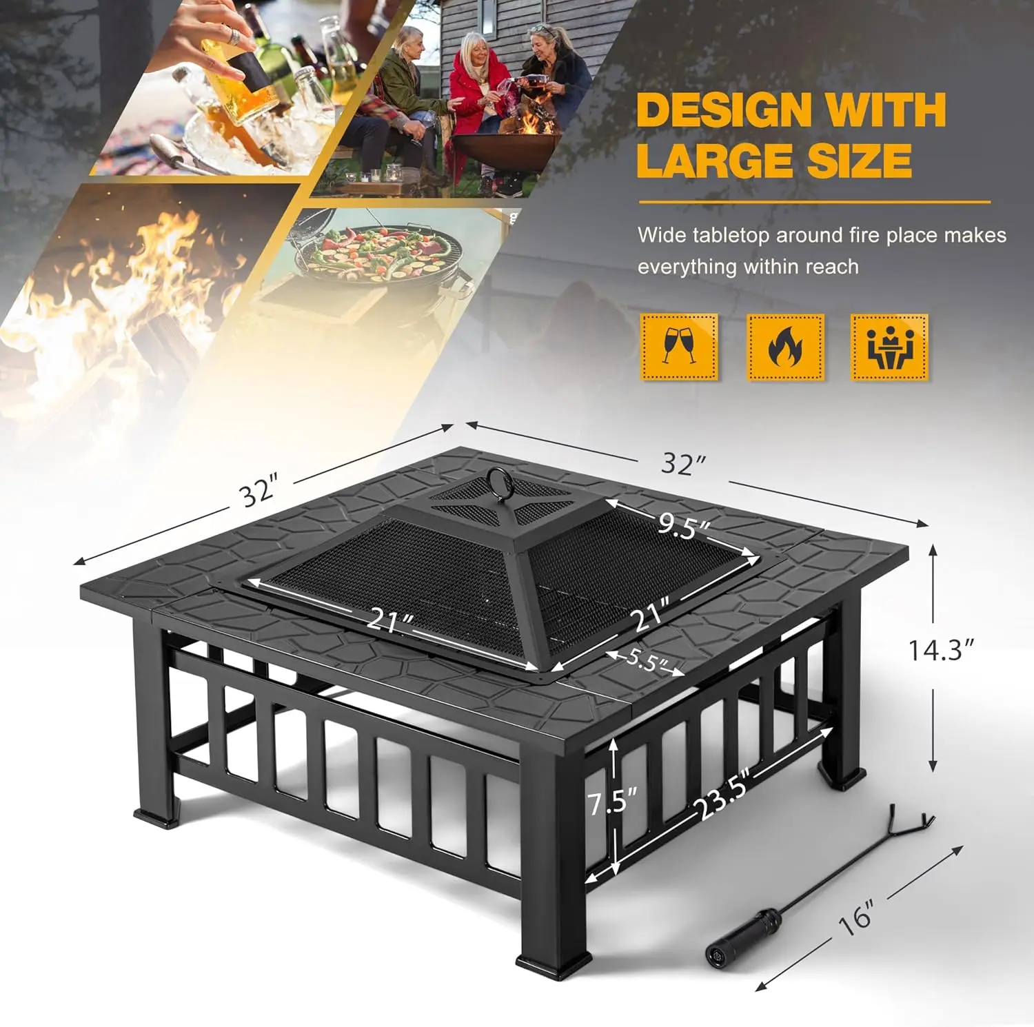 Outdoor Fire Pit, 32 Inch Firepit Table Metal Outdoor Fireplaces with Waterproof Cover for Outside Patio Camping 5