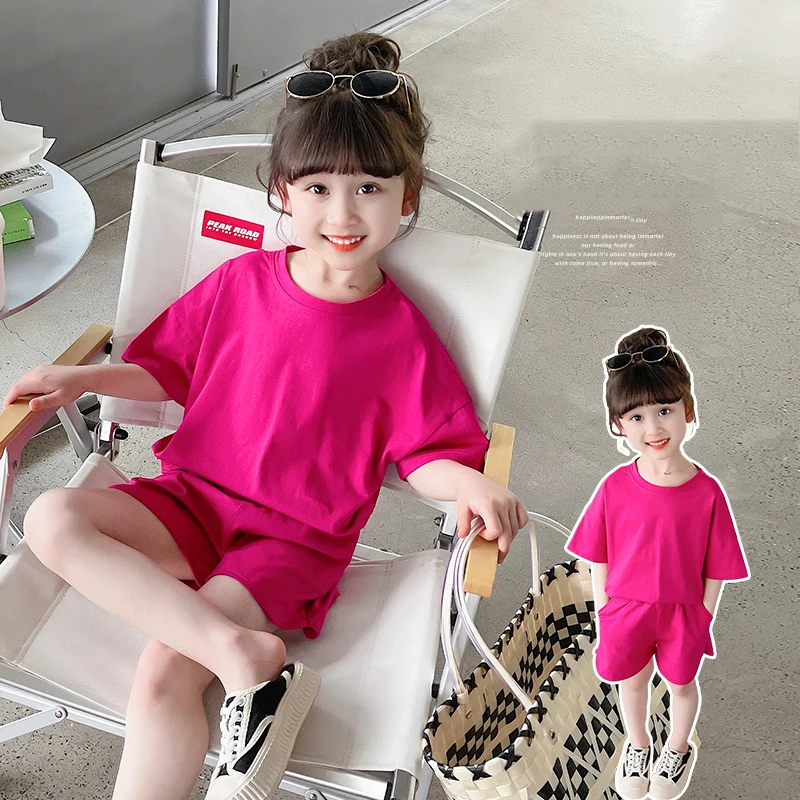 ? 여자 세트 오-넥 반팔 등이없는 탑 반바지 패션 다목적 얇은 어린이 스포츠 투피스 세트 2025 여름 신작