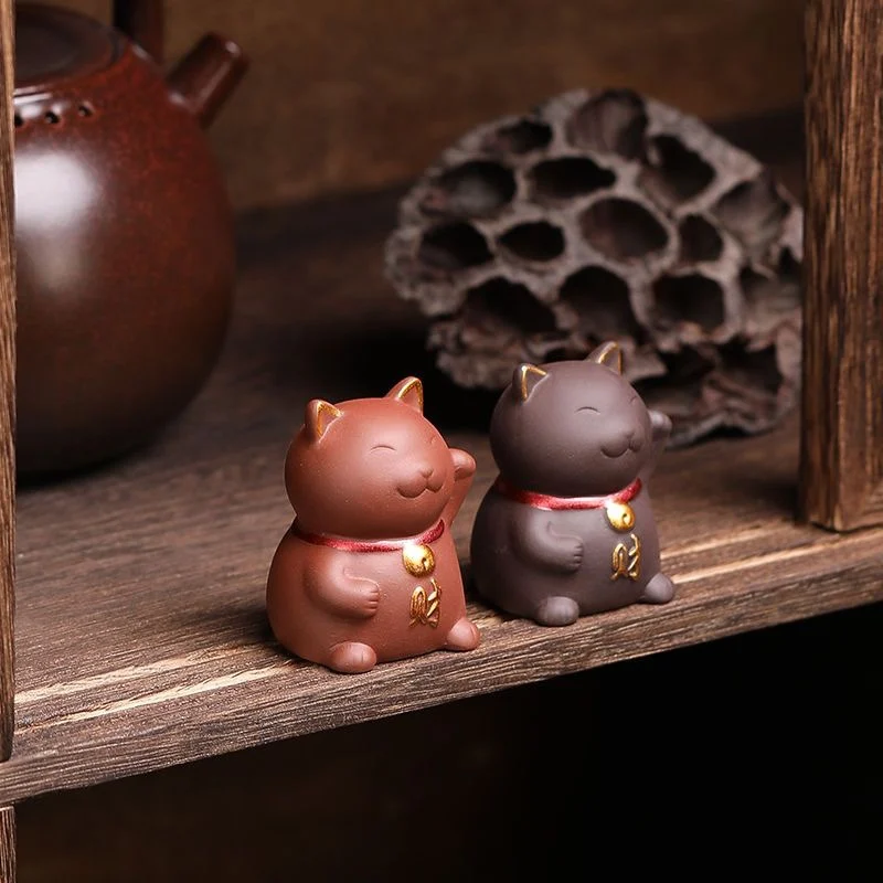 Tea Pet Ornaments Purple Sand Lucky Cat Tea Favourite Ornaments Gold Painted Boutique Tea Table Accessories Kitten Decorations Can Be Maintained
