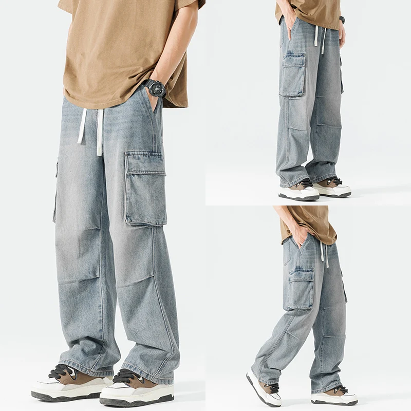 Men's Loose Fit Hip Hop Denim Work Pants Casual Cargo Jeans Trousers with Big Pocket