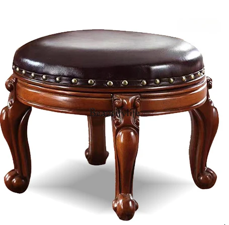 

American round Stool Living Room Solid Wood Sofa and Tea Table Low Stool