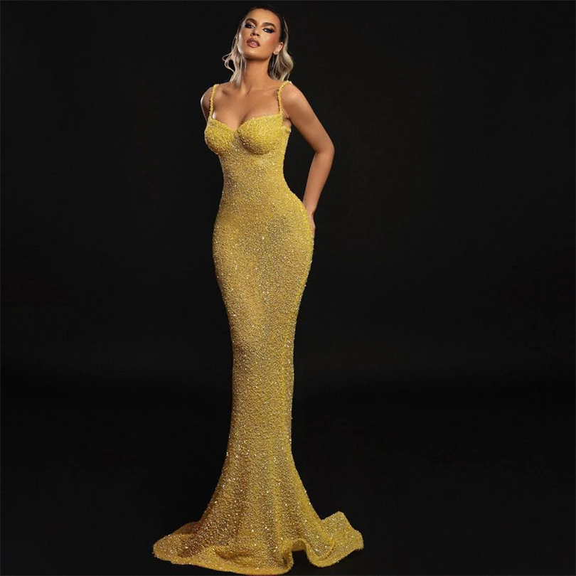 

Elegant Yellow Glitter Mermaid Evening Dresses Spaghetti Straps Backless Prom Dress Bodycon Sparkly Bride Celebrity Party Gowns