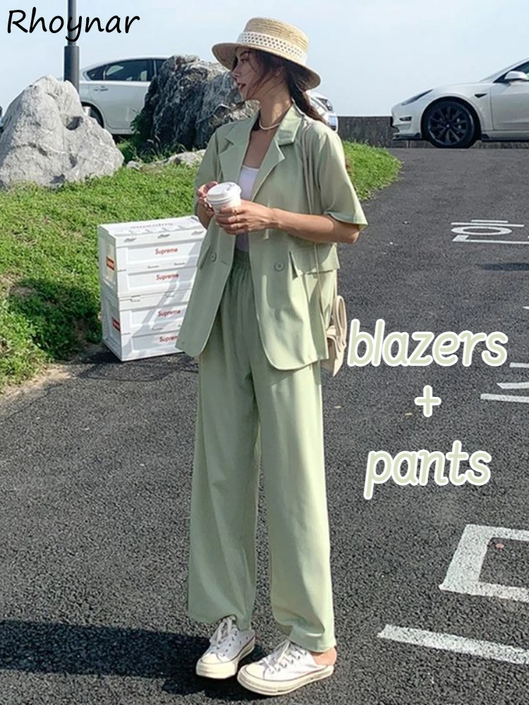 

XL-6XL Office Lady Sets Women Summer Baggy Solid Leisure Short-sleeve Blazers Wide Leg Thin Side-slit Pants Harajuku Daily Sweet