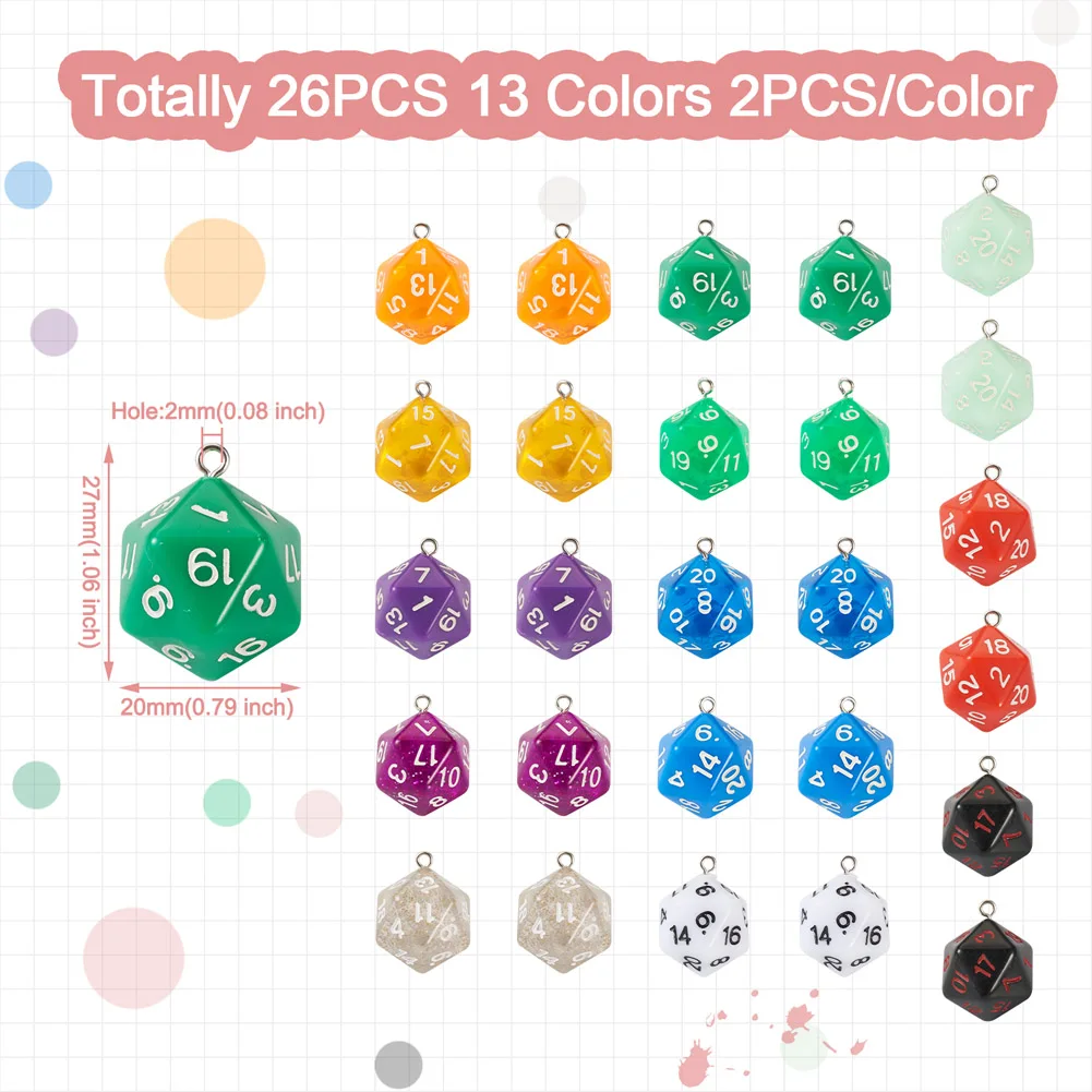 26pcs Resin Polyhedral Dice Pendants 20 Sided Dice Charm with Iron Loops for Jewelry Making DIY Bracelet Necklace Findings