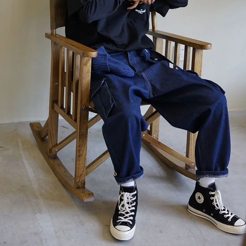 Japanese Harajuku Retro Denim Overalls Retro Cargo Jeans Hip Hop American Casual Jeans Loose Straight Wide Leg Pants Side Pocket