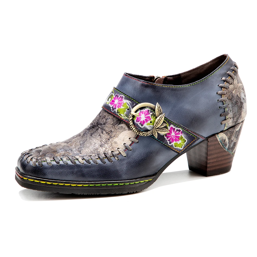 

Spot Hand-Painted Genuine Leather Pumps Women Shoes Stitching Retro Casual Belt Buckle Comfortable Thick High Heel Shoes Oxfords