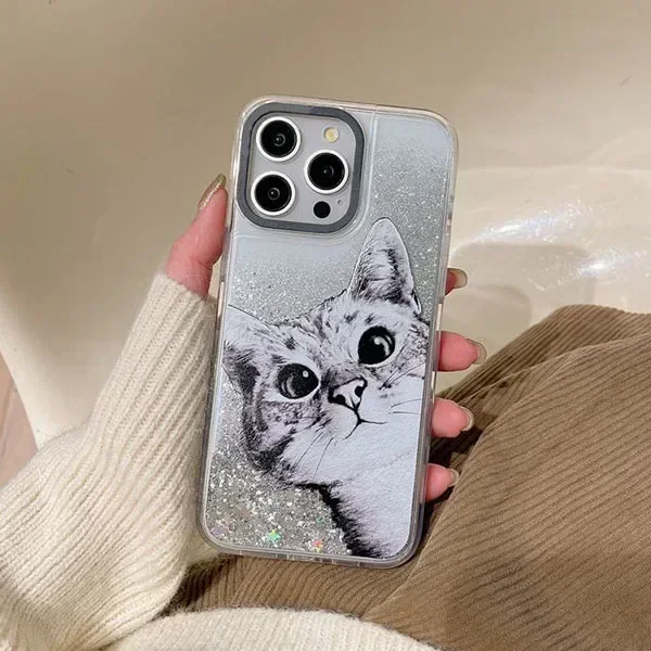 Transparent Border Silver Quicksand Cat Coffee iPhone 12 13 14 15 Pro Max Case - Protective iPhone Case