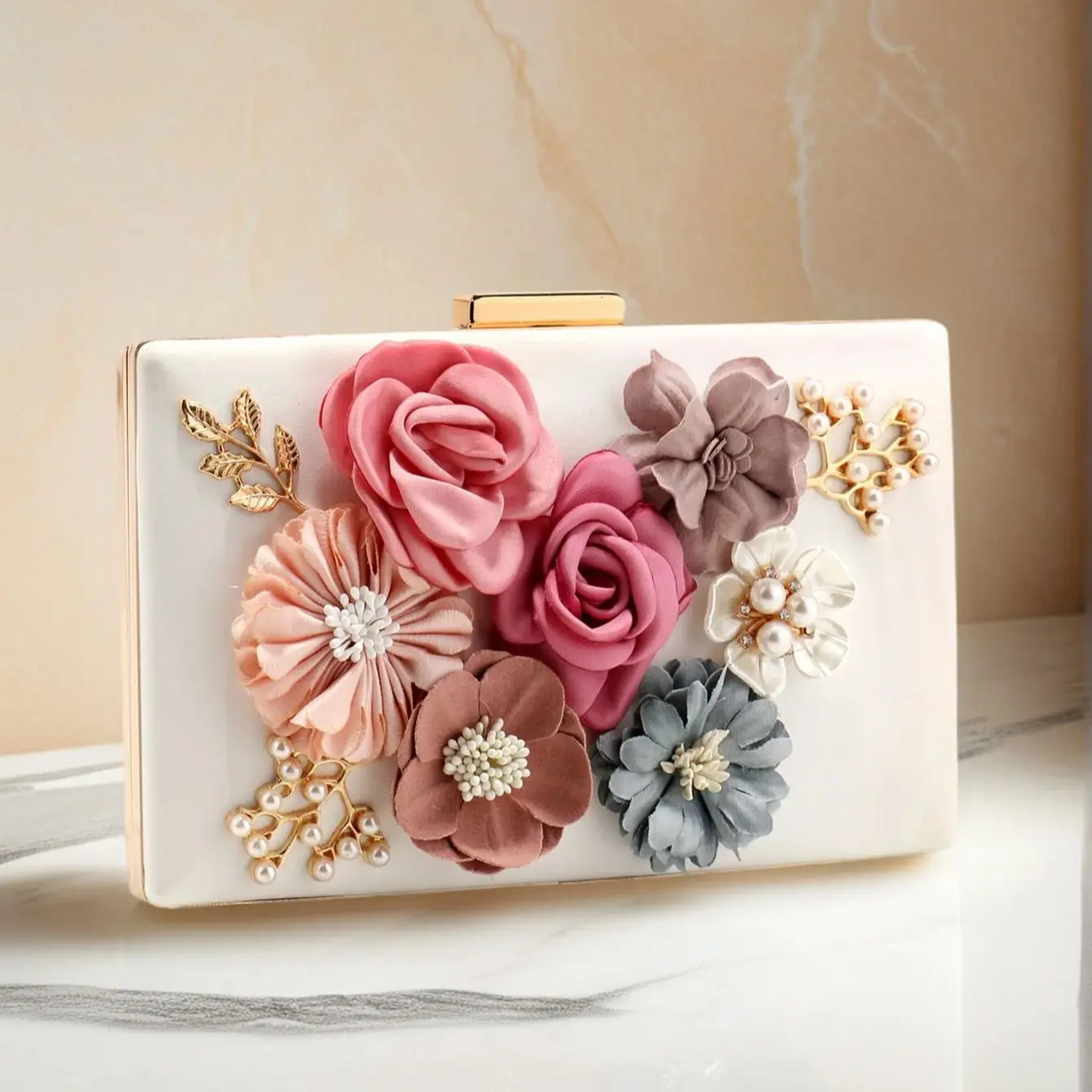 Pink Pearl Clutch Bag Handmade Flower Evening Party Wedding Luxury