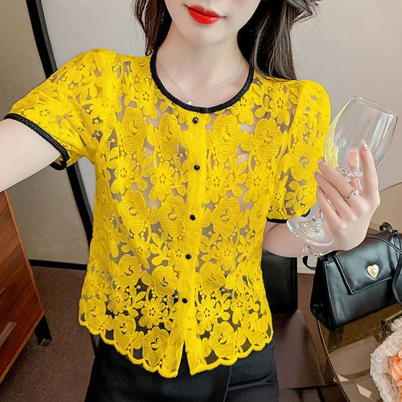 Sweet O-Neck Button Lace Hollow Out Shirt Female Clothing 2024 Summer New All-match Chic Tops Office Lady Blouse