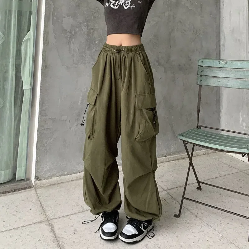 vintage loose women jeans grunge harajuku black wide leg denim pamts female gothic oversize punk trousers streetwear Y2K Trousers Women Cargo Pants Straight Wide Leg Drawstring Oversize Pockets Kpop High Waisted Breathable Solid Color Sweatpants