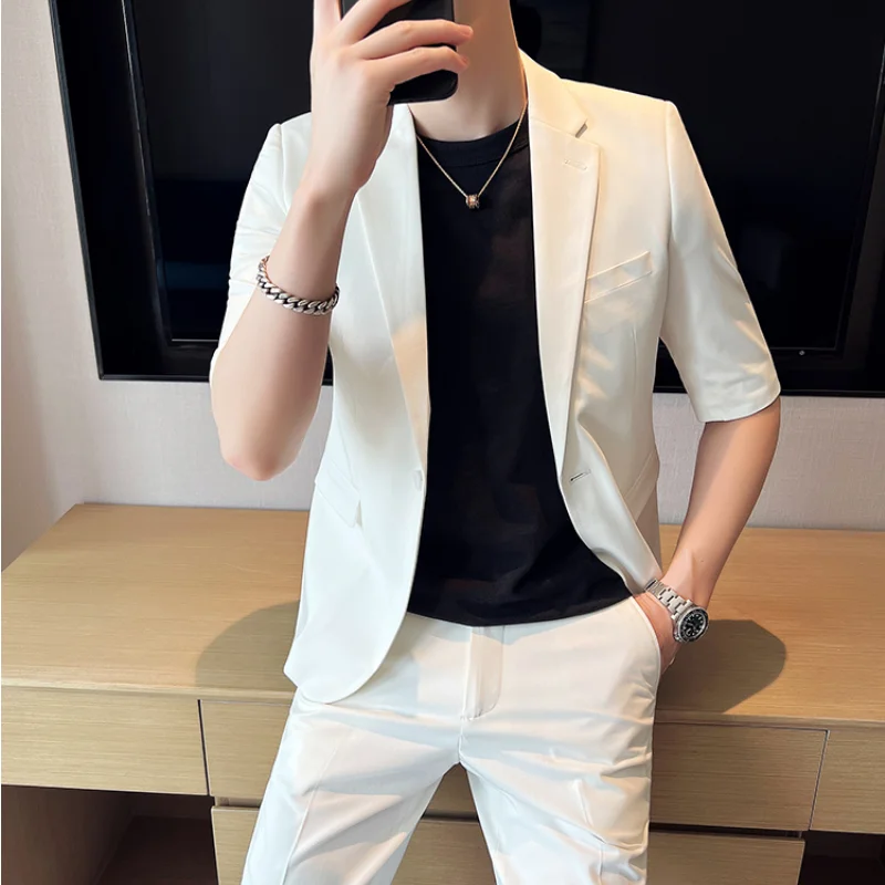 Men Summer Short Sleeve Blazer 2-piece Suit
