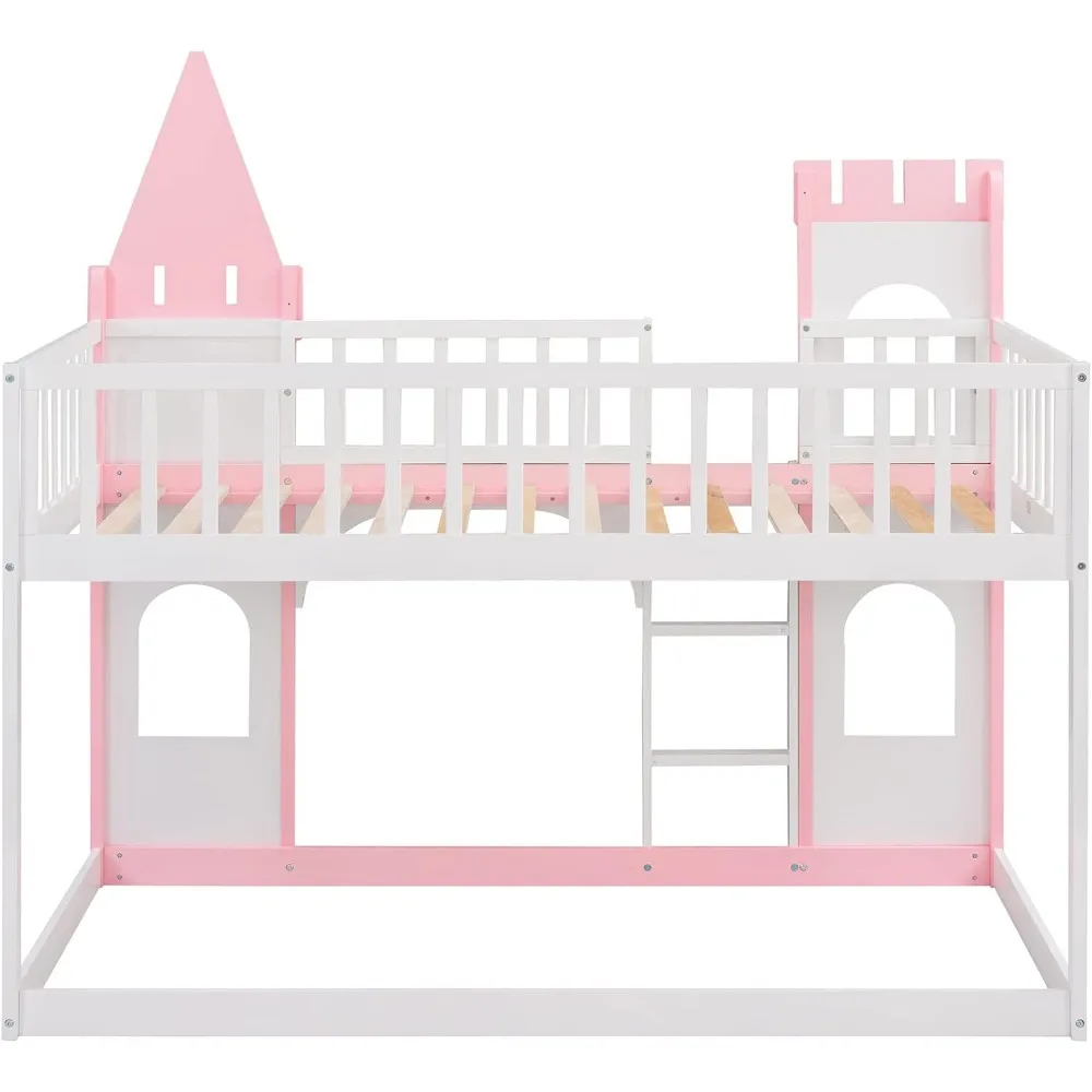 Twin Size Loft Bed Low Bunk Beds,Castle Shaped Wood Bed Frames with Safety Guardrails for Boys or Girls, Pink 6