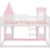 Twin Size Loft Bed Low Bunk Beds,Castle Shaped Wood Bed Frames with Safety Guardrails for Boys or Girls, Pink 6