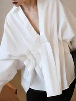 Missuoo Solid Color Simple Shirt for Women 2024 Autumn New Korean Style V-neck Puff Sleeves Loose Fit Blouse One-size Shirt Tops - Image 6