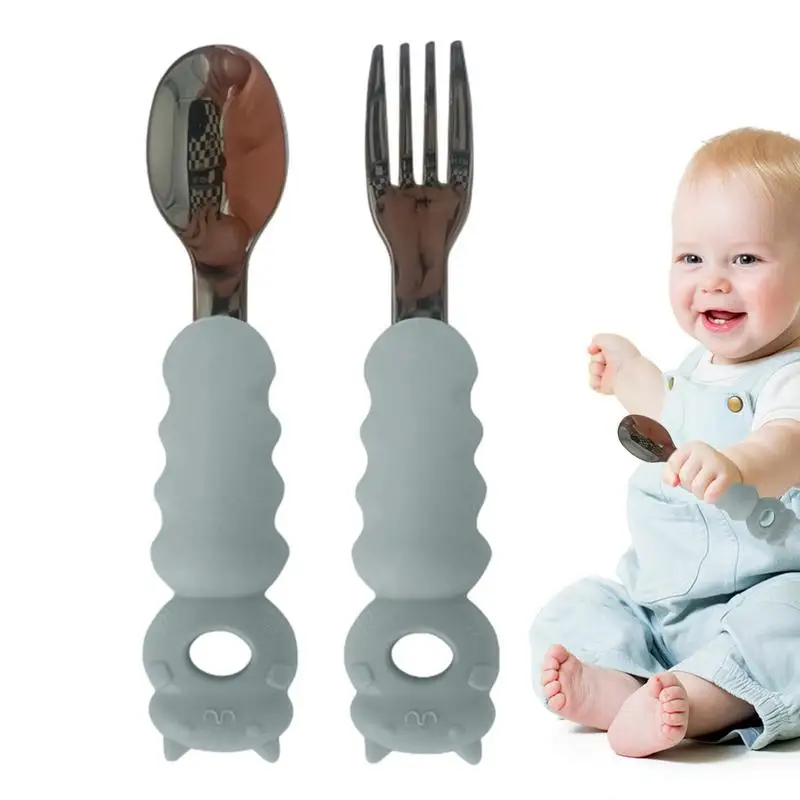 

Stainless Steel Utensils Set Kids Baby Feeding Essentials With Silicone Handle Baby Weaning Supplies Baby Utensils 6-12 Months