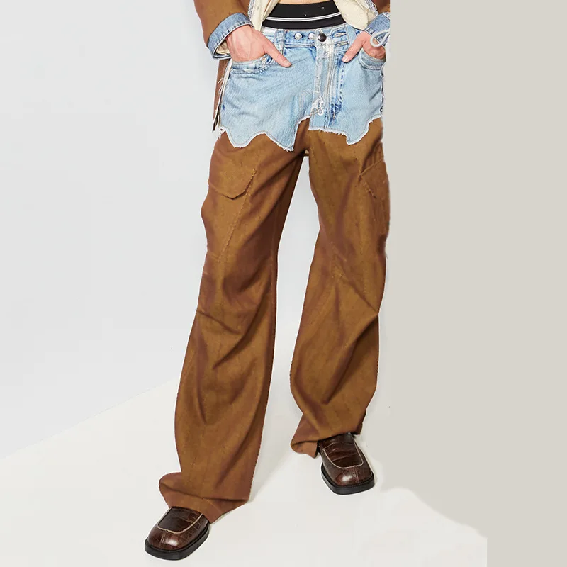

Asymmetric Denim Patchwork Casual Cargo Pants for Women High Street 2024 Spring New High Waist Pocket Slim Straight Leg Pants