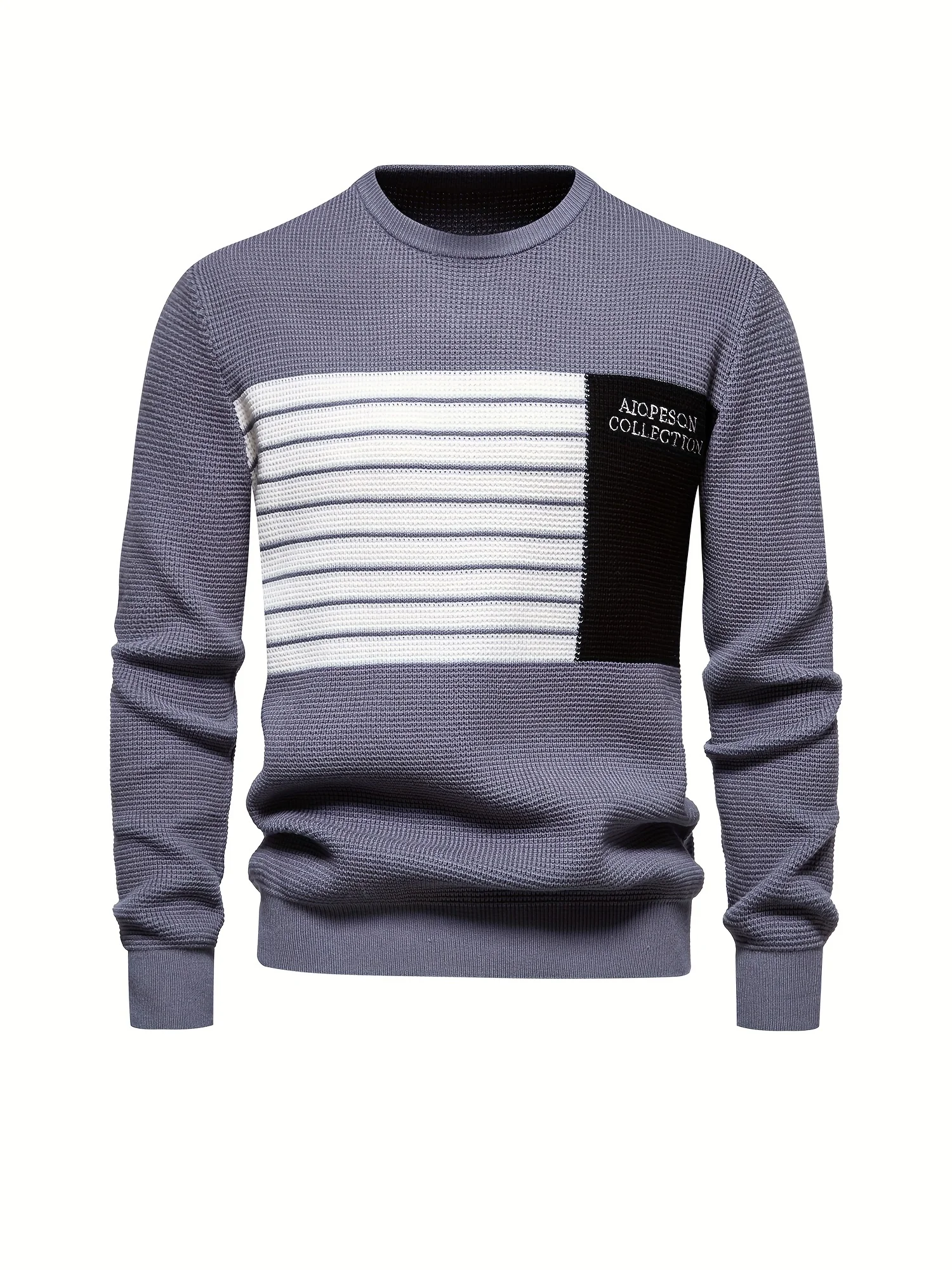 

All Match Knitted Color Block Sweater, Men's Casual Warm Slightly Stretch Crew Neck Pullover Sweater For Men Fall Winter