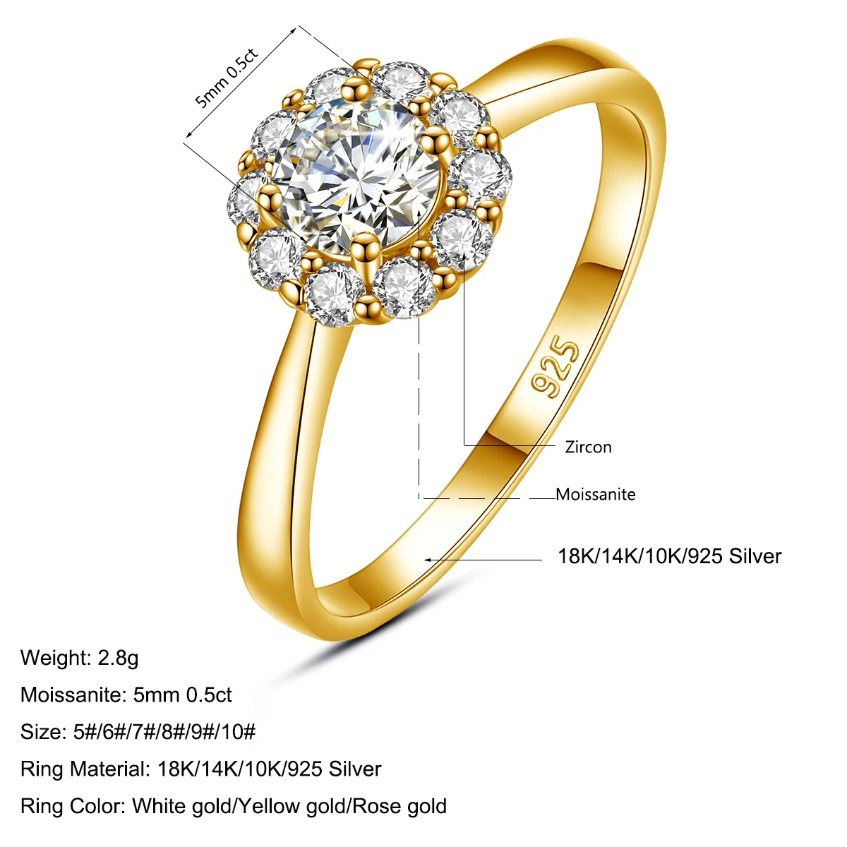 MOISSANITE ゴールドリング 18K RGP印刻 With Certficate Original Solid 18K Gold Moissanite Ring For
