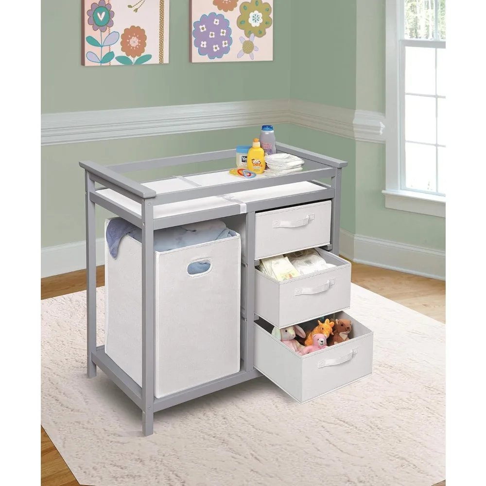 Modern Baby Changing Table with Laundry Hamper, 3 Storage Drawers and Pad, Diaper Change Station-Cool Gray/White