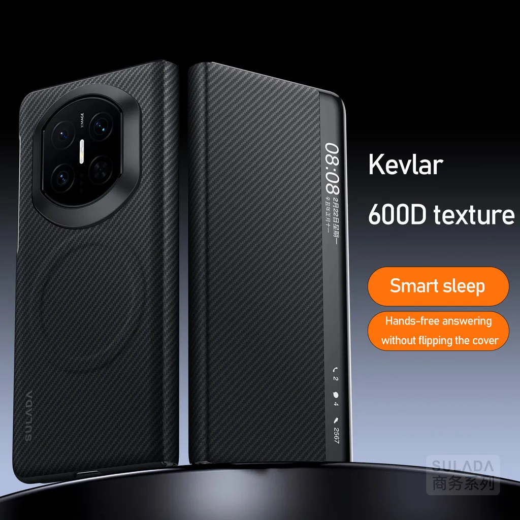SULADA Magnetic Leather Flip Case with Carbon Fiber Texture and Window View