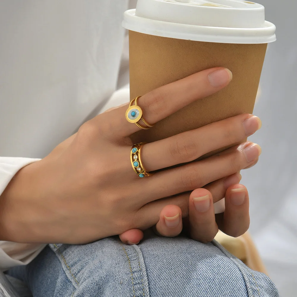 Retro Manual Natural Blue Turquoise Stone Rings for Women Girls 18K Gold Plated Rhinestone Evil Eye Luxury Designer Jewelry Gift