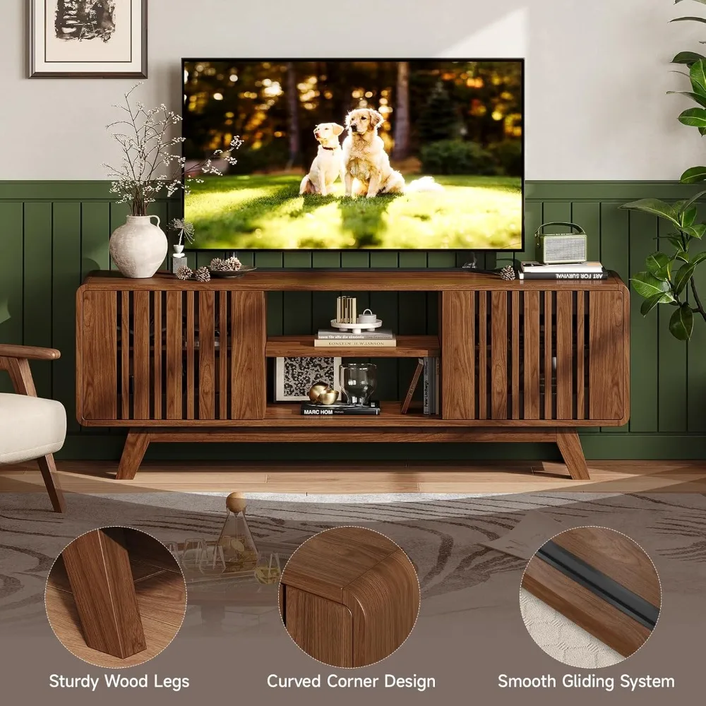 63-inch tv stand for tvs up to 75 inch, mid-century modern television stand with power outlet， entertainment center with sliding