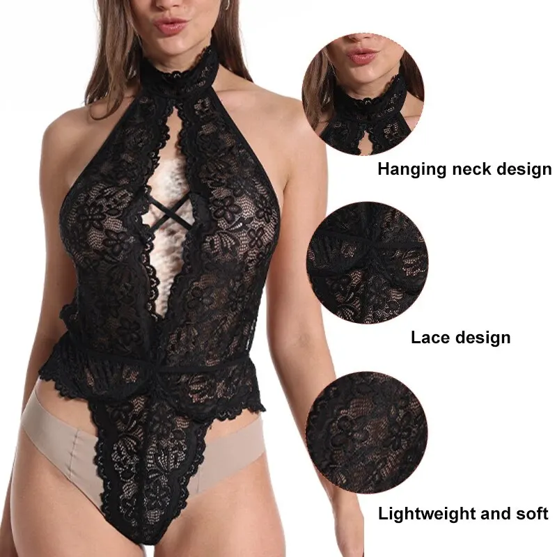 Sexy Women's Hollowed out Backless Camisole Jumpsuit Classic Sexy Lace Flower Sleeveless Lingerie