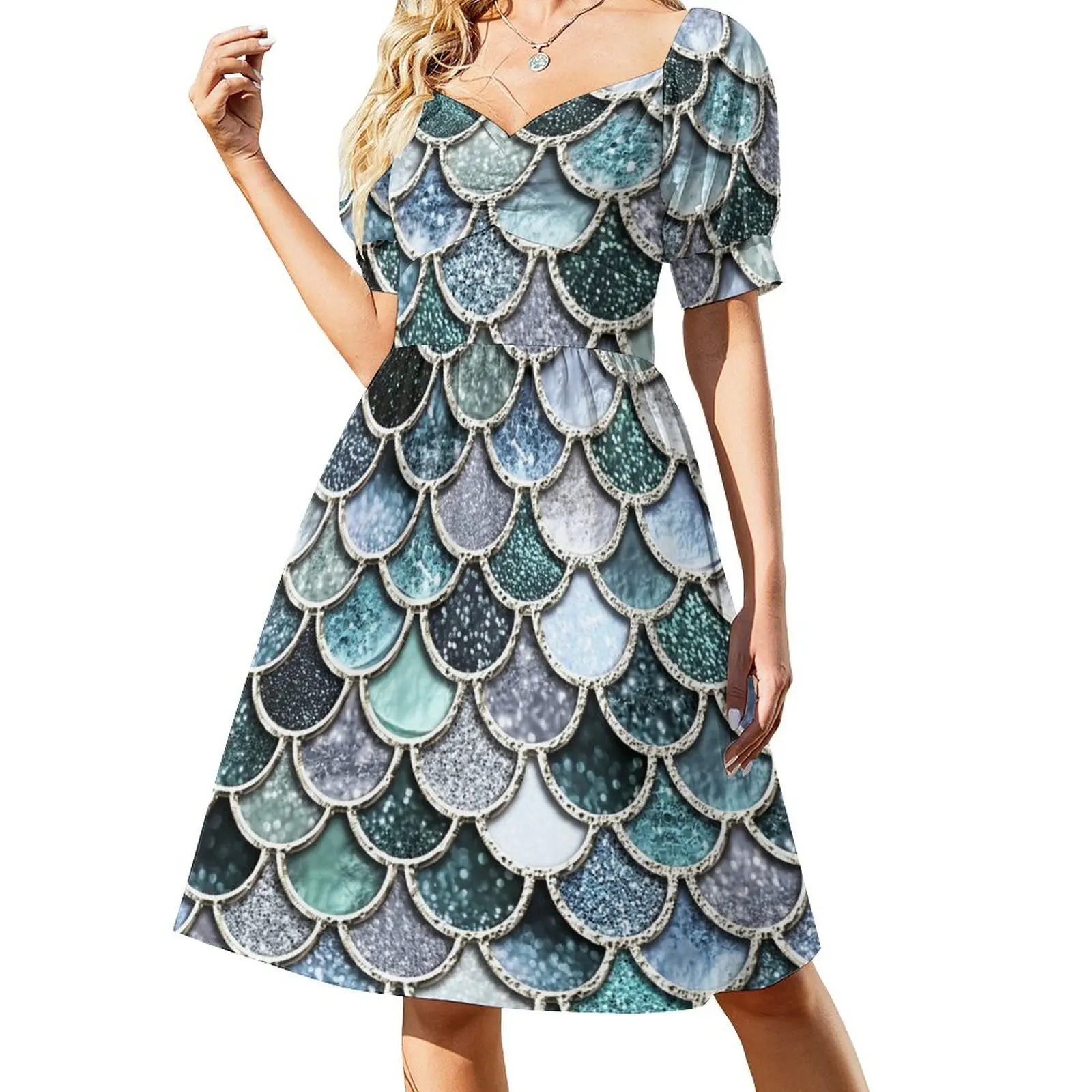 

Teal, Silver and Green Sparkle Faux Glitter Mermaid Scales Sleeveless Dress Womens dresses chic and elegant woman dress