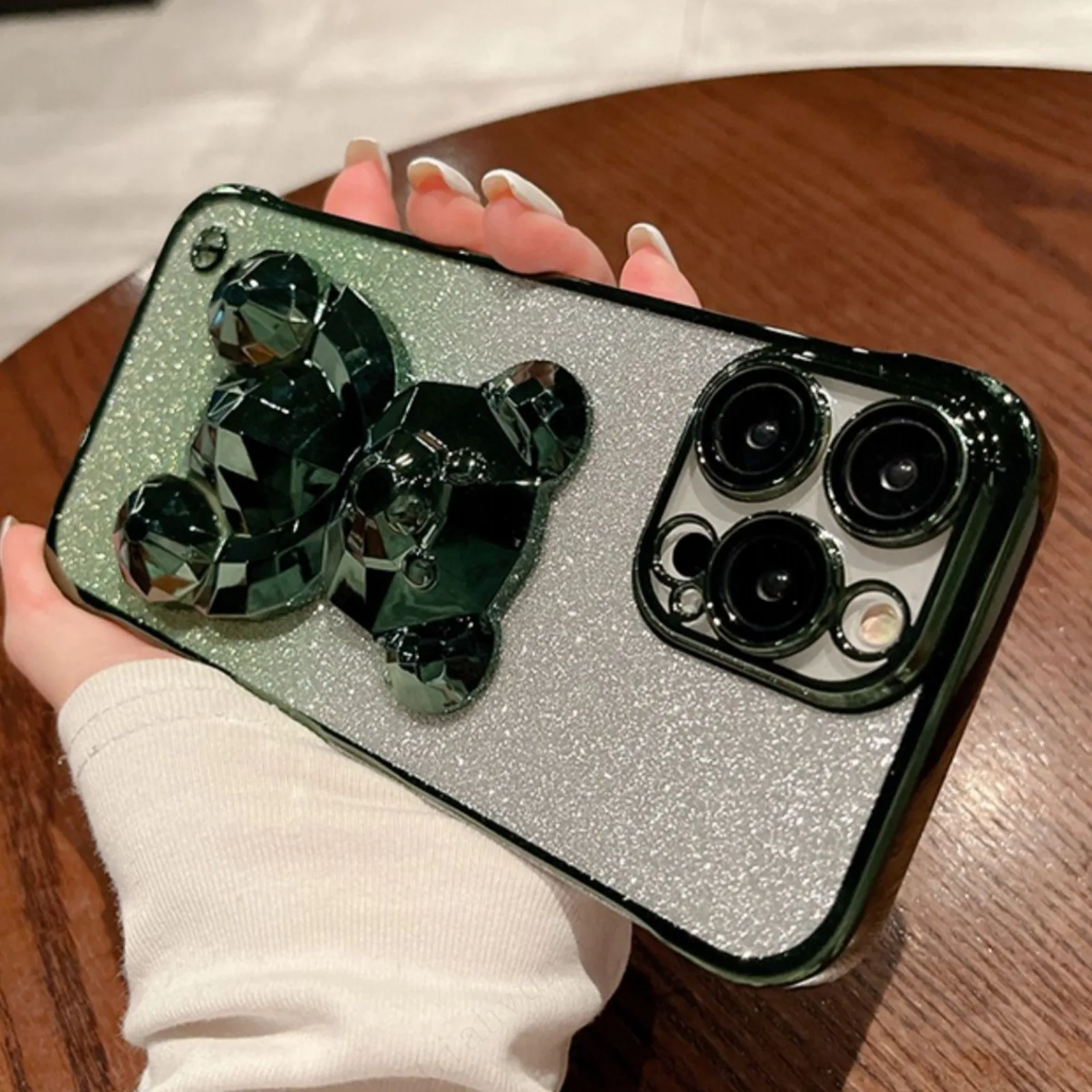 Custodie per telefoni placcate con supporto per orso e paraurti, non ingiallenti e resistenti allo sporco, per iPhone 15 14 13 12 11 Pro Max Plus + retro_voghion.com