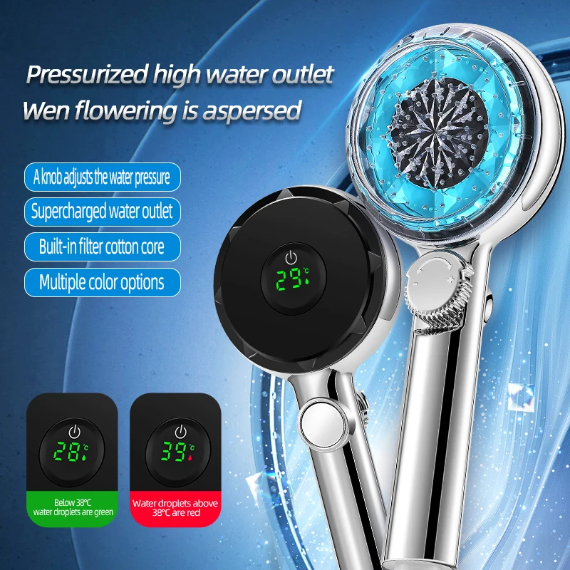 

LED Rainfall Shower Head Temperature Digital Display Bathroom Shower High Pressure Handheld with Adjustable Button Shower Head