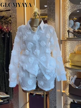 GLCMYAYA Street Fashion Women's Set Rose Floral Long Sleeve Shirt and Shorts Suit 2026 Party Vacation Two 2 Piece Set Outfits 1