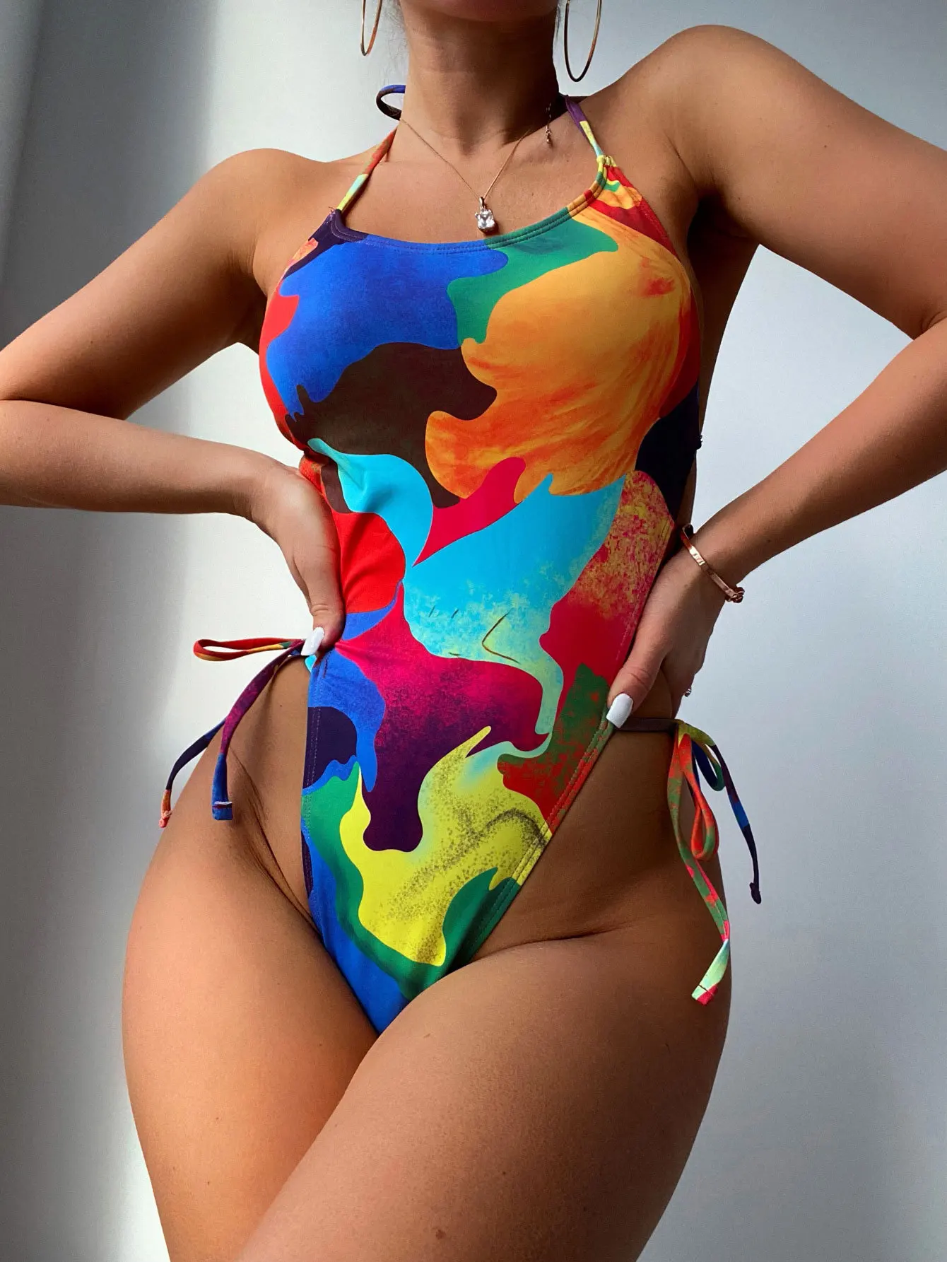 

sexy tie dye print halter swimsuit one piece bikinis thong swimsuits beachwear summer holiday outfits biquini